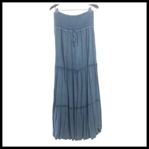 QED LONDON Strapless Smocked Chambray Maxi Dress